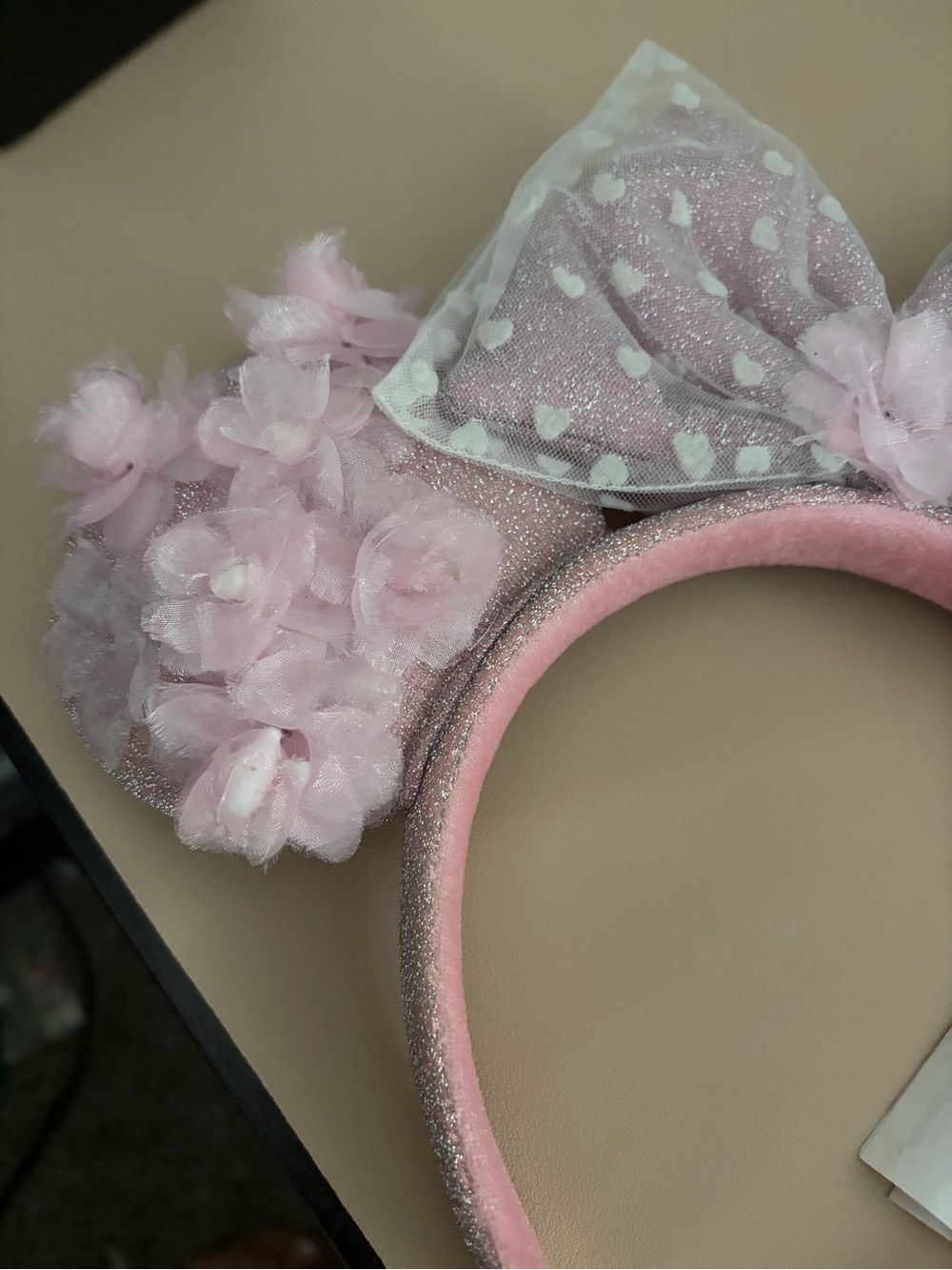 Disney Parks Pink Sparkle Minnie Mouse Ears Headband with Floral & Hearts Bow - Picture 6 of 12